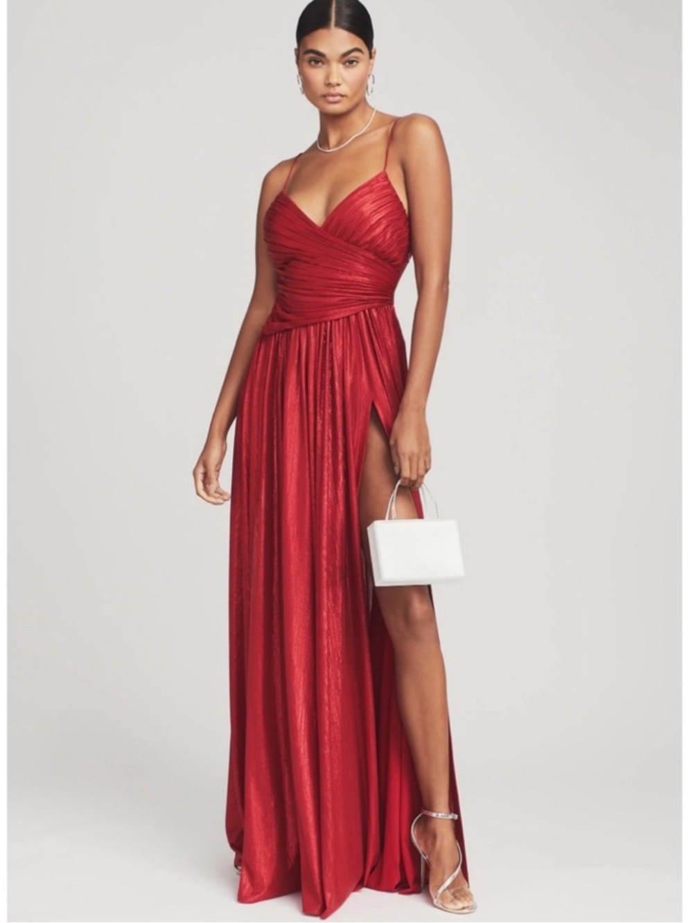 Retrofete Doss Dress Size S Red Metallic Ruched Slit Holiday Party Evening Event